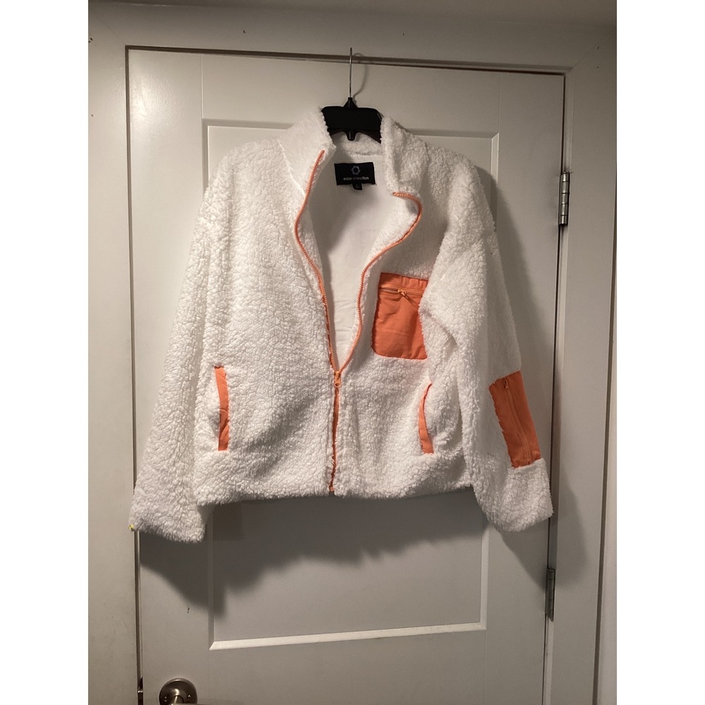 Ease of Motion White Sherpa Fleece Full Zip Jacket Orange Trim Large FA23M-7027